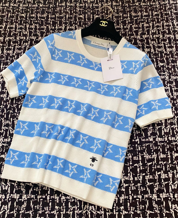 CD 2025 Striped Short-sleeved T-shirt Blue White tencel 606659