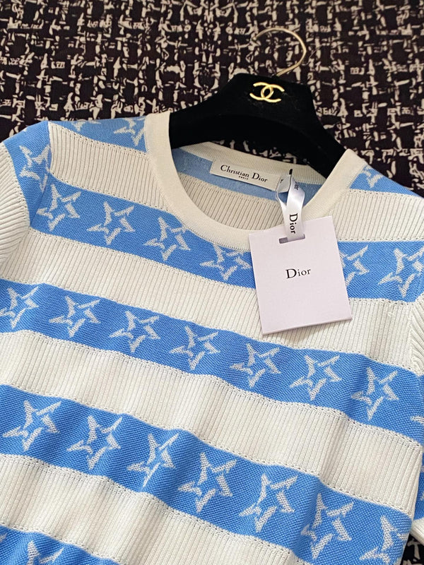 CD 2025 Striped Short-sleeved T-shirt Blue White tencel 606659