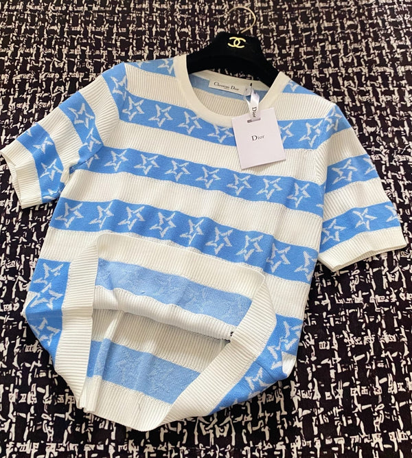 CD 2025 Striped Short-sleeved T-shirt Blue White tencel 606659