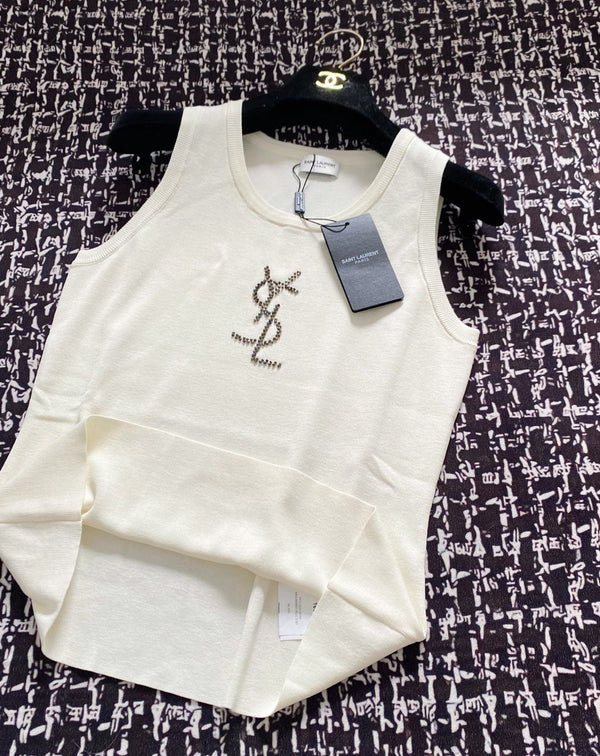 Gilet in maglia con logo YSL 25 blu e bianco in lana tencel e lino