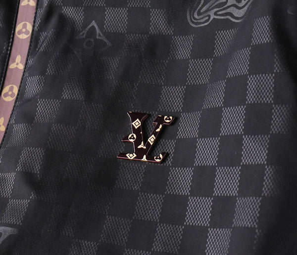 LV HOODED JACKET IN BLACK DAMIER AND BROWN TRIM 239036