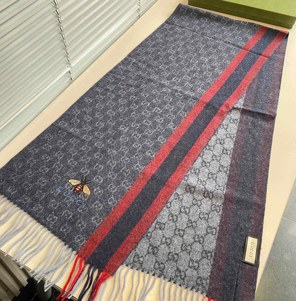 SCIARPA A RIGHE 200 CM IN CASHMERE GRIGIO SCURO CON APE RICAMATA 398533