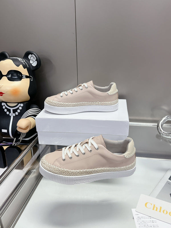 CHLOÉ TELMA LACE-UP SNEAKER IN DESERT SAND LAMBSKIN AND RAFFIA