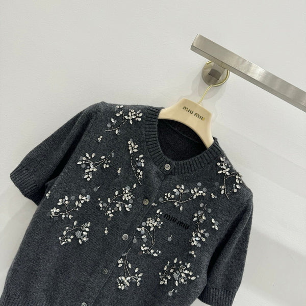 Miu Embroidered Cashmere Short Sleeve Cardigan 229364
