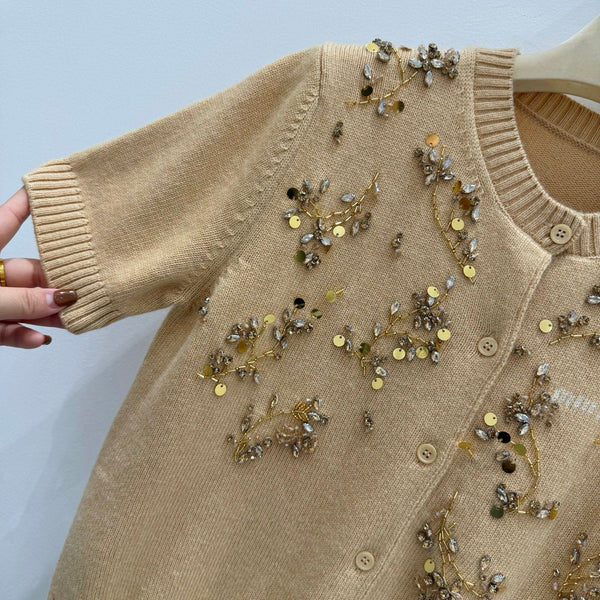 Miu Embroidered Cashmere Short Sleeve Cardigan 229364