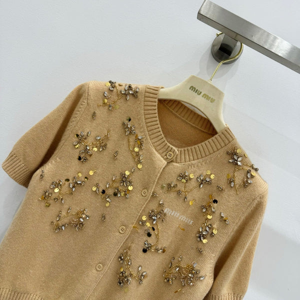 Miu Embroidered Cashmere Short Sleeve Cardigan 229364