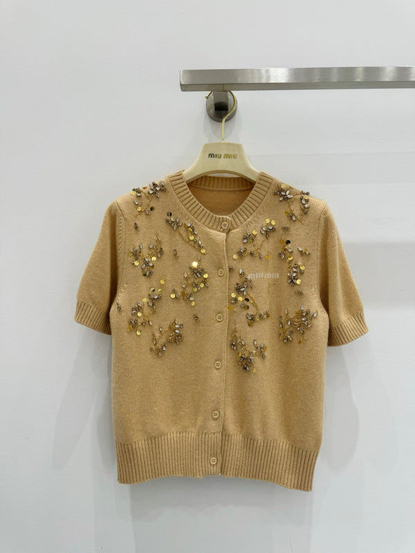 Miu Embroidered Cashmere Short Sleeve Cardigan 229364