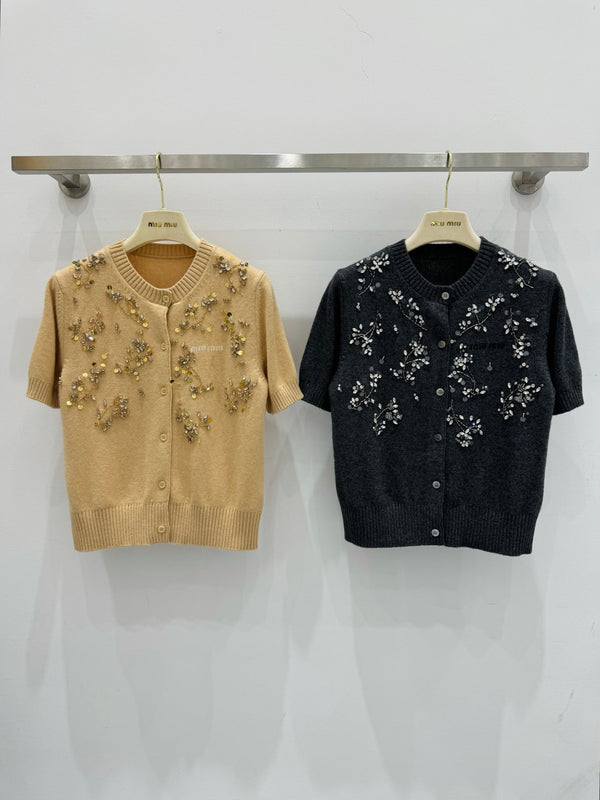 Miu Embroidered Cashmere Short Sleeve Cardigan 229364