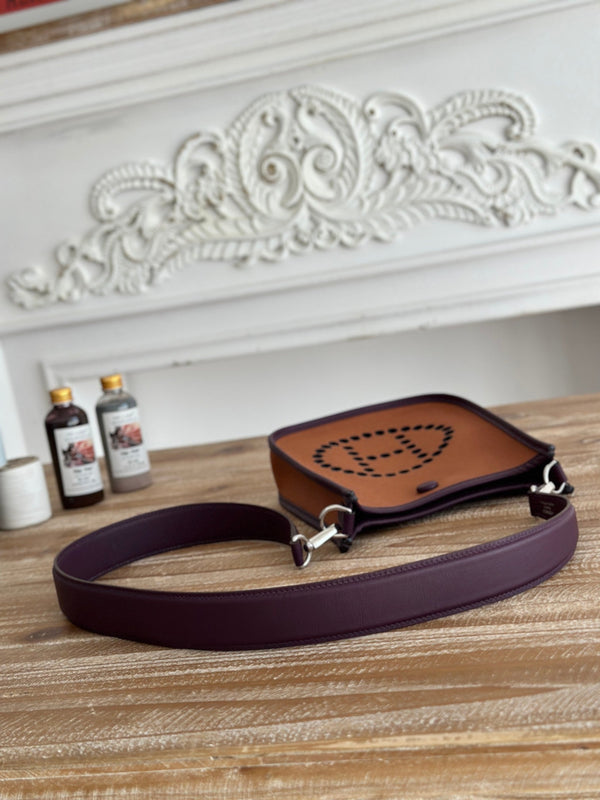 MINI NEO 17 EVELYNE BAG IN BRONZE BROWN CANVAS AND PLUM PURPLE CALFSKIN