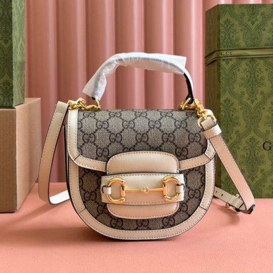 Borsa Gucci Horsebit in pelle bianca ebano mista 239813