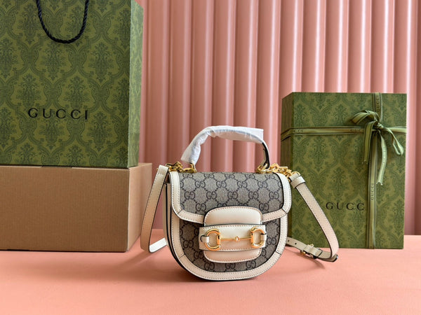 Borsa Gucci Horsebit in pelle bianca ebano mista 239813