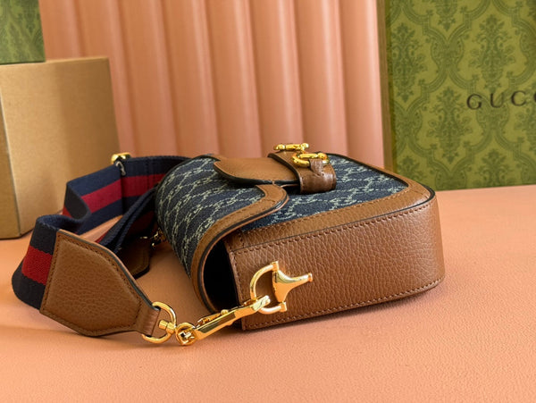 Borsa Gucci Horsebit in pelle blu mista marrone e tela 244253