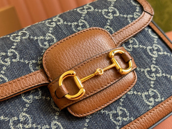Borsa Gucci Horsebit in pelle blu mista marrone e tela 244253