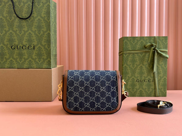 Borsa Gucci Horsebit in pelle blu mista marrone e tela 244253