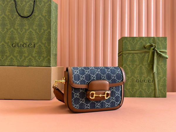 Borsa Gucci Horsebit in pelle blu mista marrone e tela 244253