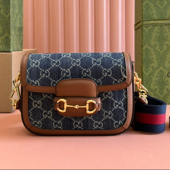 Borsa Gucci Horsebit in pelle blu mista marrone e tela 244253