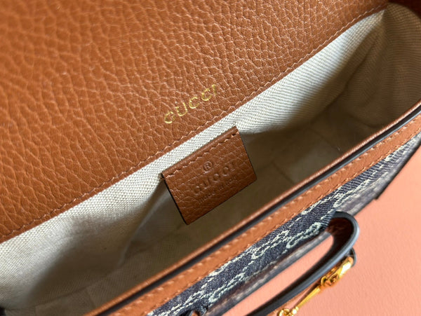 Borsa Gucci Horsebit in pelle blu mista marrone e tela 244253