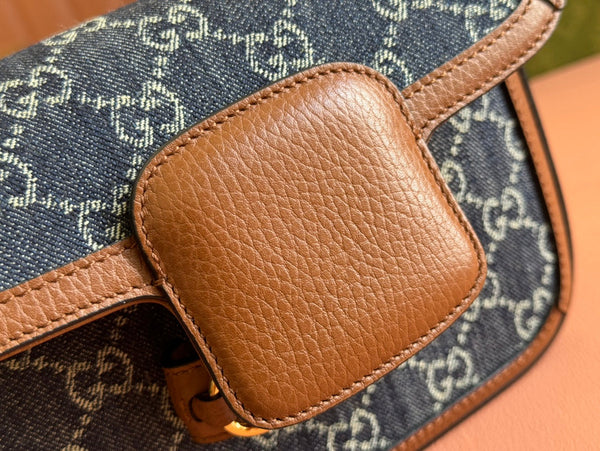 Borsa Gucci Horsebit in pelle blu mista marrone e tela 244253