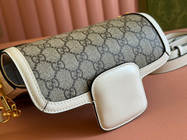 Borsa Gucci Horsebit in misto ebano, pelle bianca e tela 244256