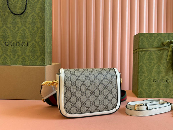 Borsa Gucci Horsebit in misto ebano, pelle bianca e tela 244256