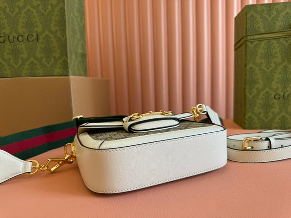 Borsa Gucci Horsebit in misto ebano, pelle bianca e tela 244256