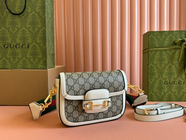 Borsa Gucci Horsebit in misto ebano, pelle bianca e tela 244256