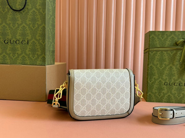 Borsa Gucci Horsebit 20.5 in pelle e tela beige mix bianco 244257