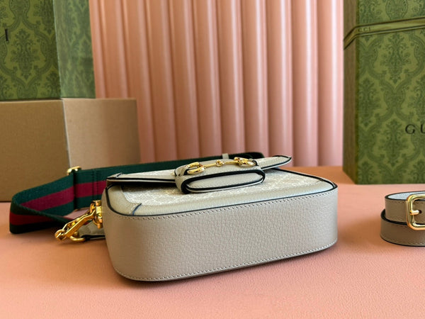 Borsa Gucci Horsebit 20.5 in pelle e tela beige mix bianco 244257