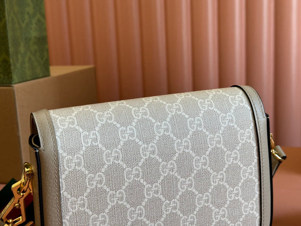 Borsa Gucci Horsebit 20.5 in pelle e tela beige mix bianco 244257