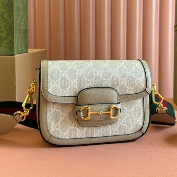 Borsa Gucci Horsebit 20.5 in pelle e tela beige mix bianco 244257