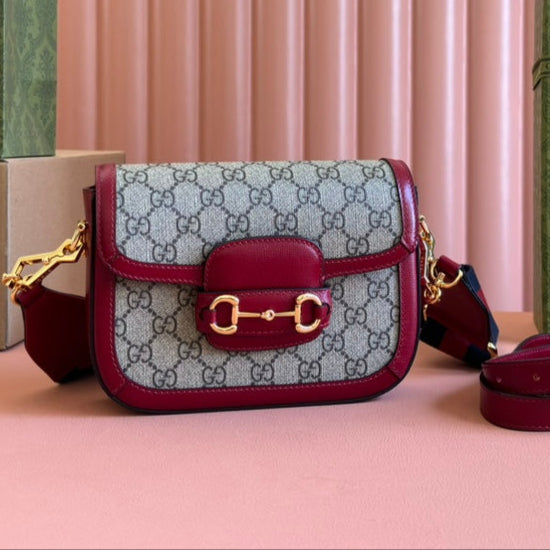 Gucci Horsebit Bag Ebony mix Rosso Ancora Red Leather Canvas 244259