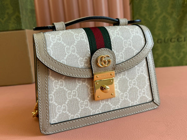 Gucci Ophidia 17.5cm Bag Beige White Canvas Leather 248488