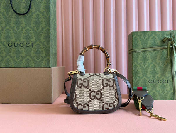Gucci Bamboo Bag 17cm Brown mix Beige Canvas Leather 248506