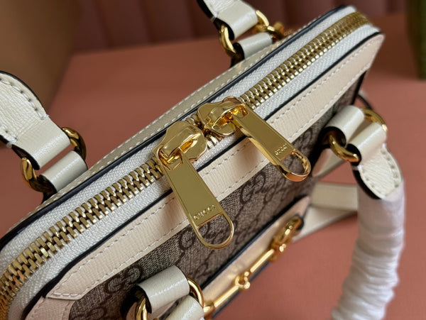 GG Horsebit 1955 Small Top Handle Bag Beige & White GG Monogram Fabric 272171