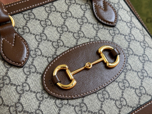 GG Horsebit 1955 Small Top Handle Bag Beige & Dark Brown GG Monogram Fabric 272173