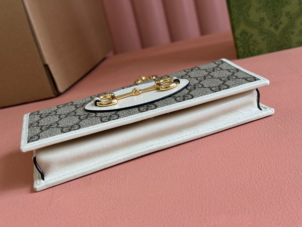 PORTAFOGLIO HORSEBIT 1955 IN TELA BEIGE EBANO MIX PELLE DI VITELLO BIANCA CATENA ORO