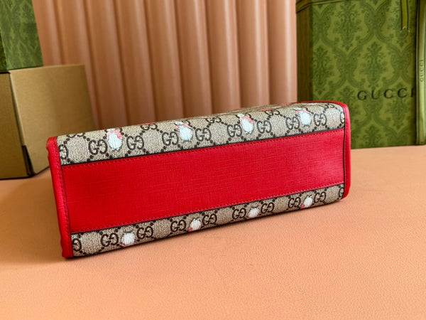 Gucci Bunny Print Tote Bag Red Beige Canvas 231228