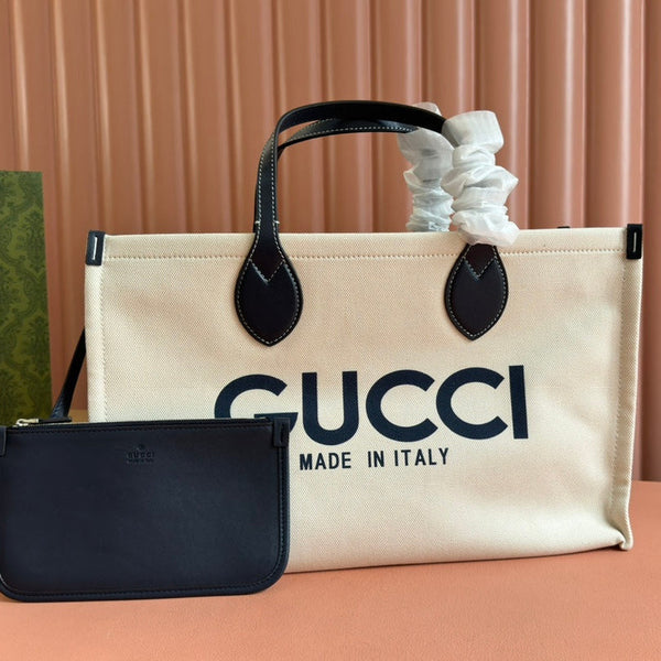 Borsa tote media Gucci in pelle blu e bianca, tela 248186