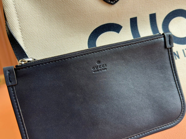 Borsa tote media Gucci in pelle blu e bianca, tela 248186