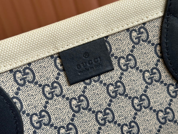 Borsa tote media Gucci in pelle blu e bianca, tela 248186