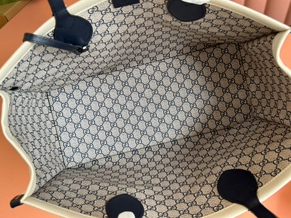Borsa tote media Gucci in pelle blu e bianca, tela 248186