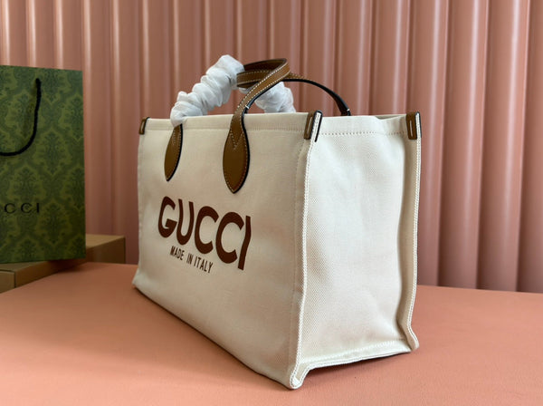 Borsa tote media Gucci in pelle marrone bianca e tela 248187