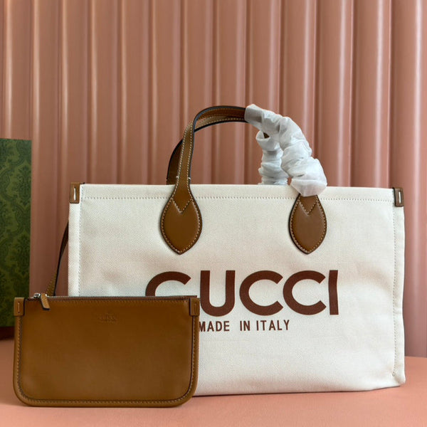 Borsa tote media Gucci in pelle marrone bianca e tela 248187