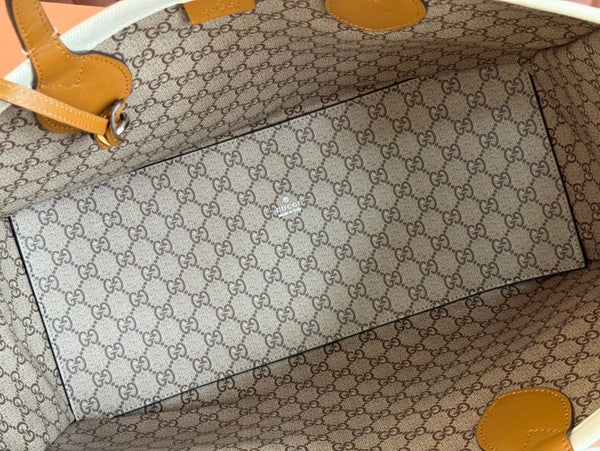 Borsa tote media Gucci in pelle marrone bianca e tela 248187