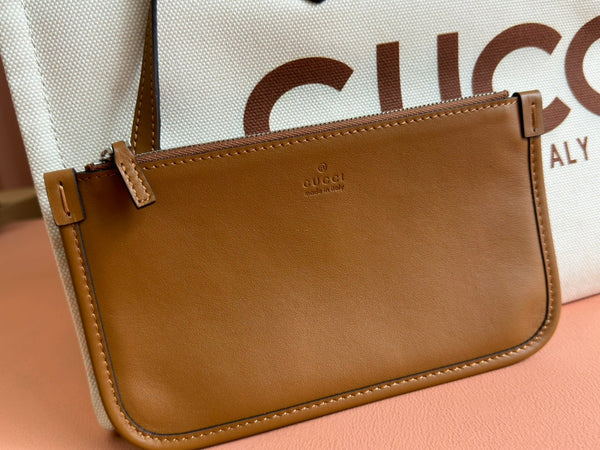 Borsa tote media Gucci in pelle marrone bianca e tela 248187