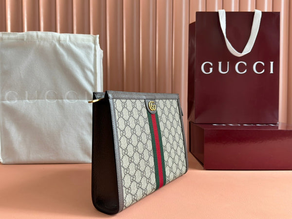 Gucci Ophidia 27cm Clutch Ebony Brown Canvas Leather 239914