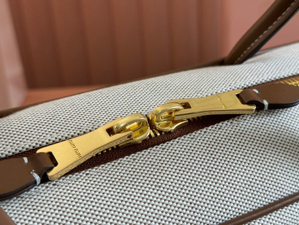 BEAU TOP HANDLE BAG 34 IN WHITE CANVAS AND WALNUT BROWN CALFSKIN TRIM