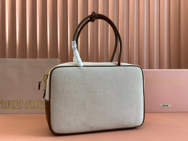 BEAU TOP HANDLE BAG 34 IN WHITE CANVAS AND WALNUT BROWN CALFSKIN TRIM