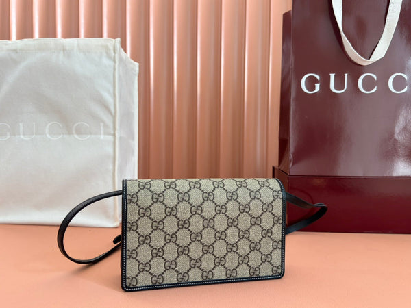 Gucci Emblem Mini Borsa a tracolla Beige Blu Tela Pelle 244492