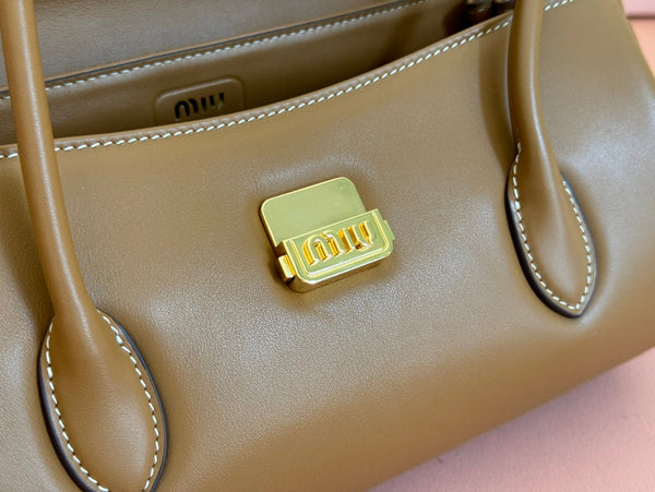 BEAU TOP HANDLE BAG 28 IN CHOCOLATE BROWN GLOSSY CALFSKIN GOLD HARDWARE